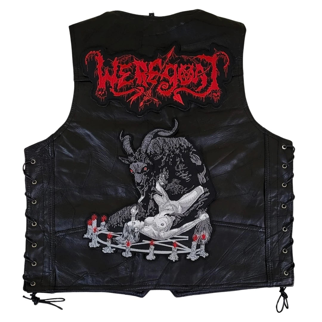 Chaleco de piel original más espaldera bordada R WEREGOAT Black/Death Metal