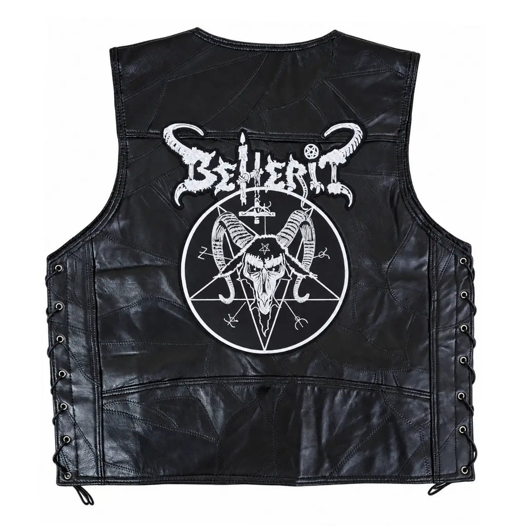 Chaleco de piel original más espaldera bordada BEHERIT Black Metal