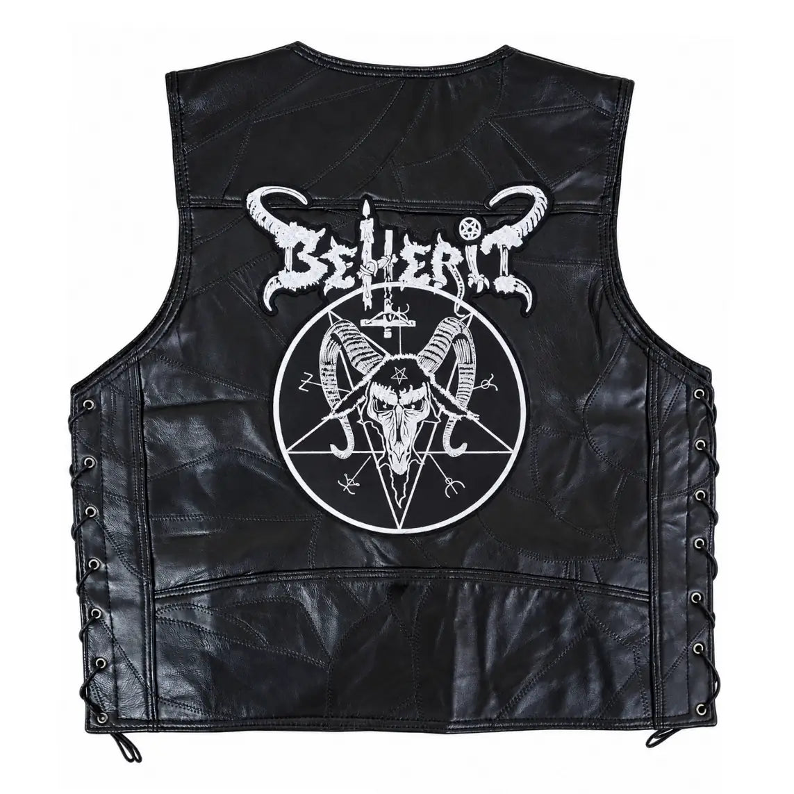 Chaleco de piel original más espaldera bordada BEHERIT Black Metal