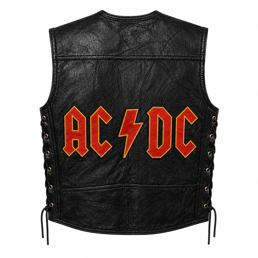 Chaleco de piel original más espaldera bordada ACDC Hard Rock