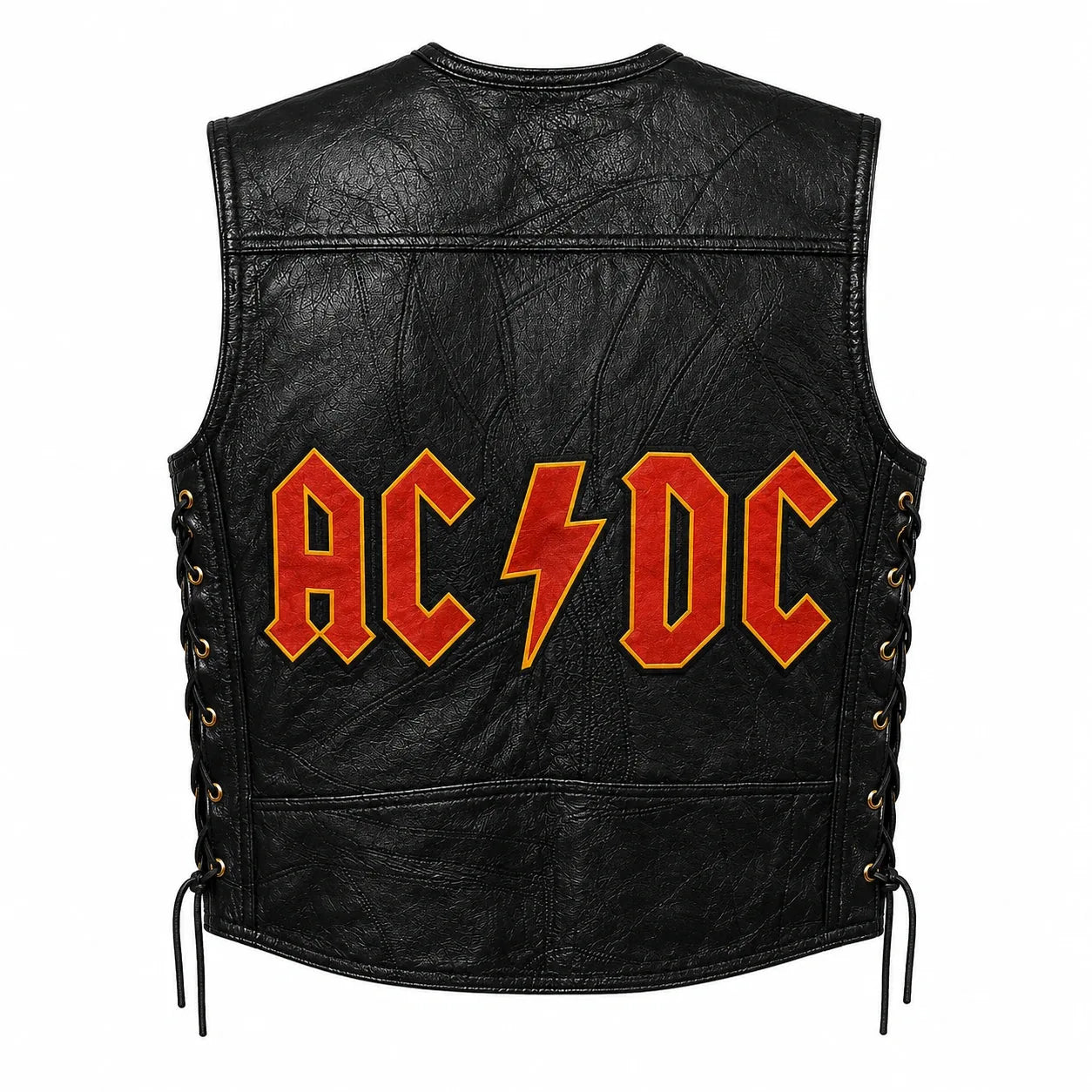 Chaleco de piel original más espaldera bordada ACDC Hard Rock