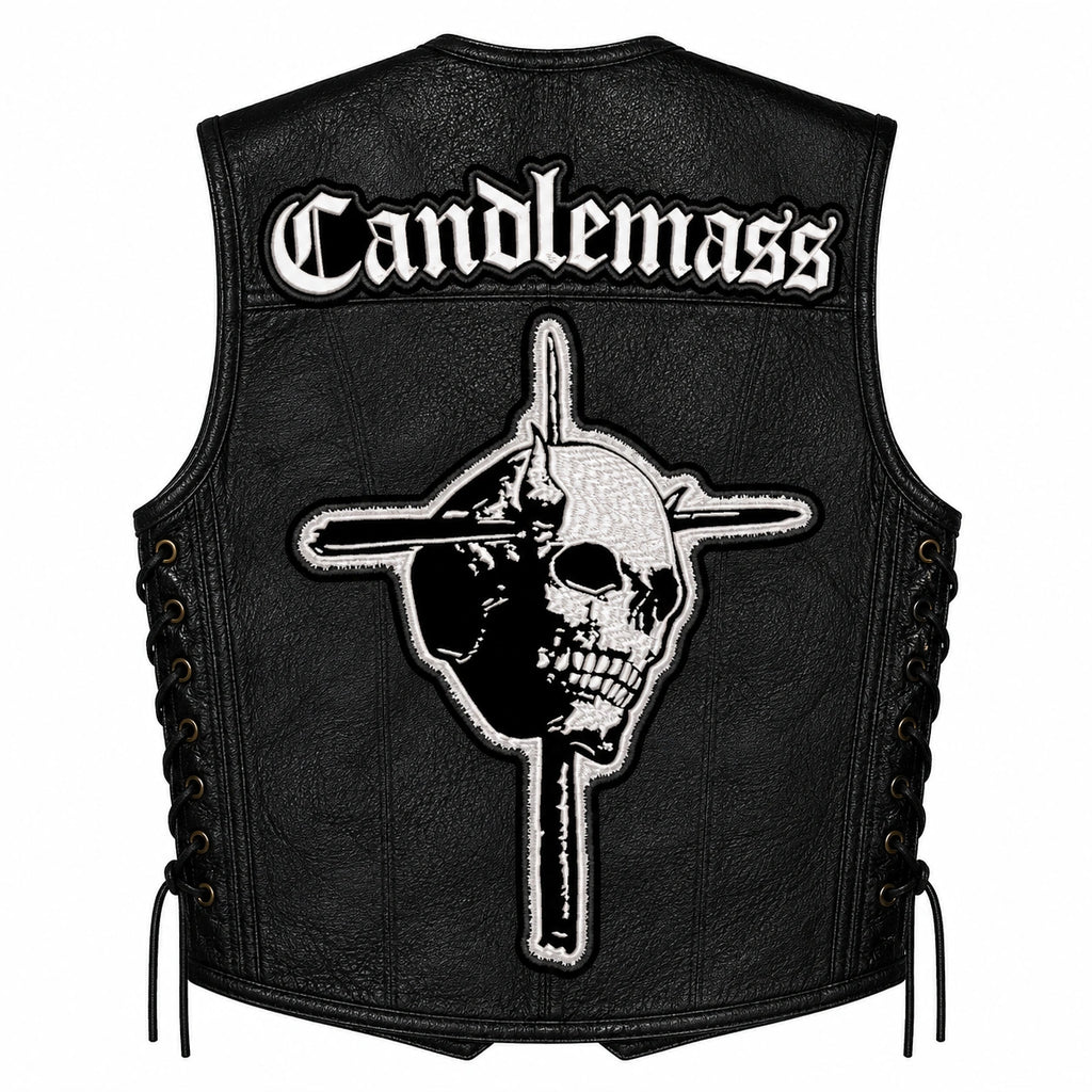 Chaleco de piel original más espaldera bordada CANDLEMASS