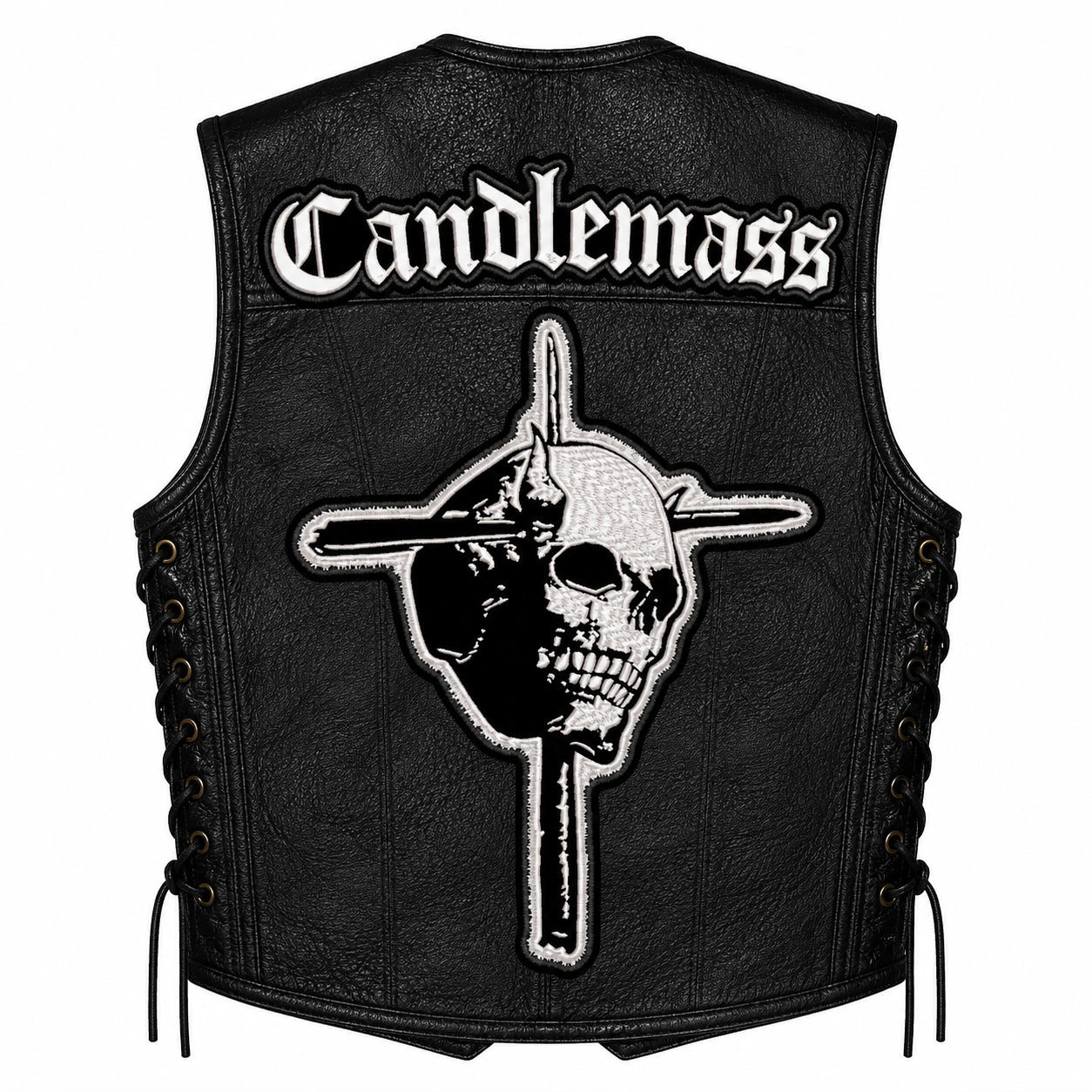 Chaleco de piel original más espaldera bordada CANDLEMASS