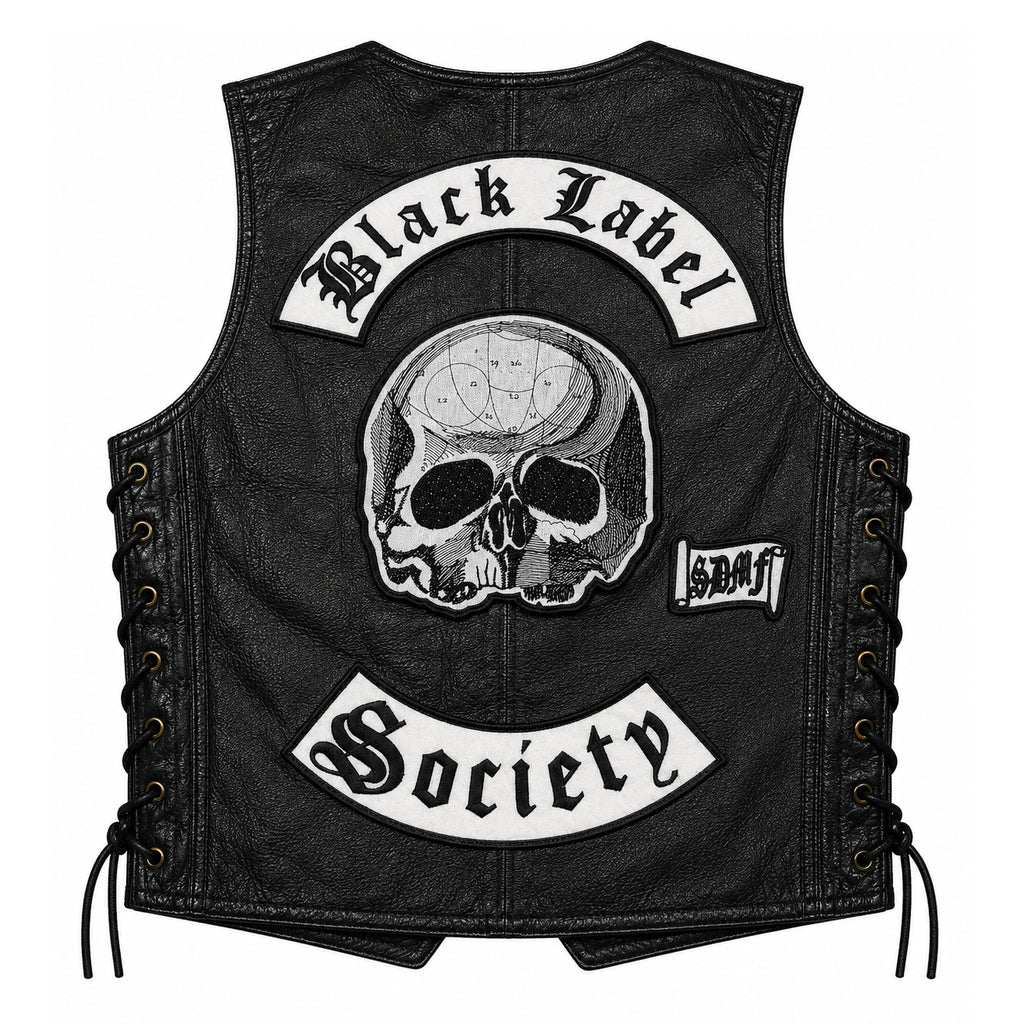 Chaleco de piel original más espaldera bordada BLACK LABEL Metal