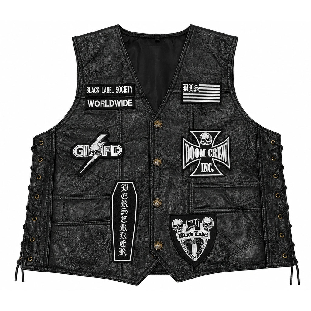 Chaleco de piel original más espaldera bordada BLACK LABEL Metal