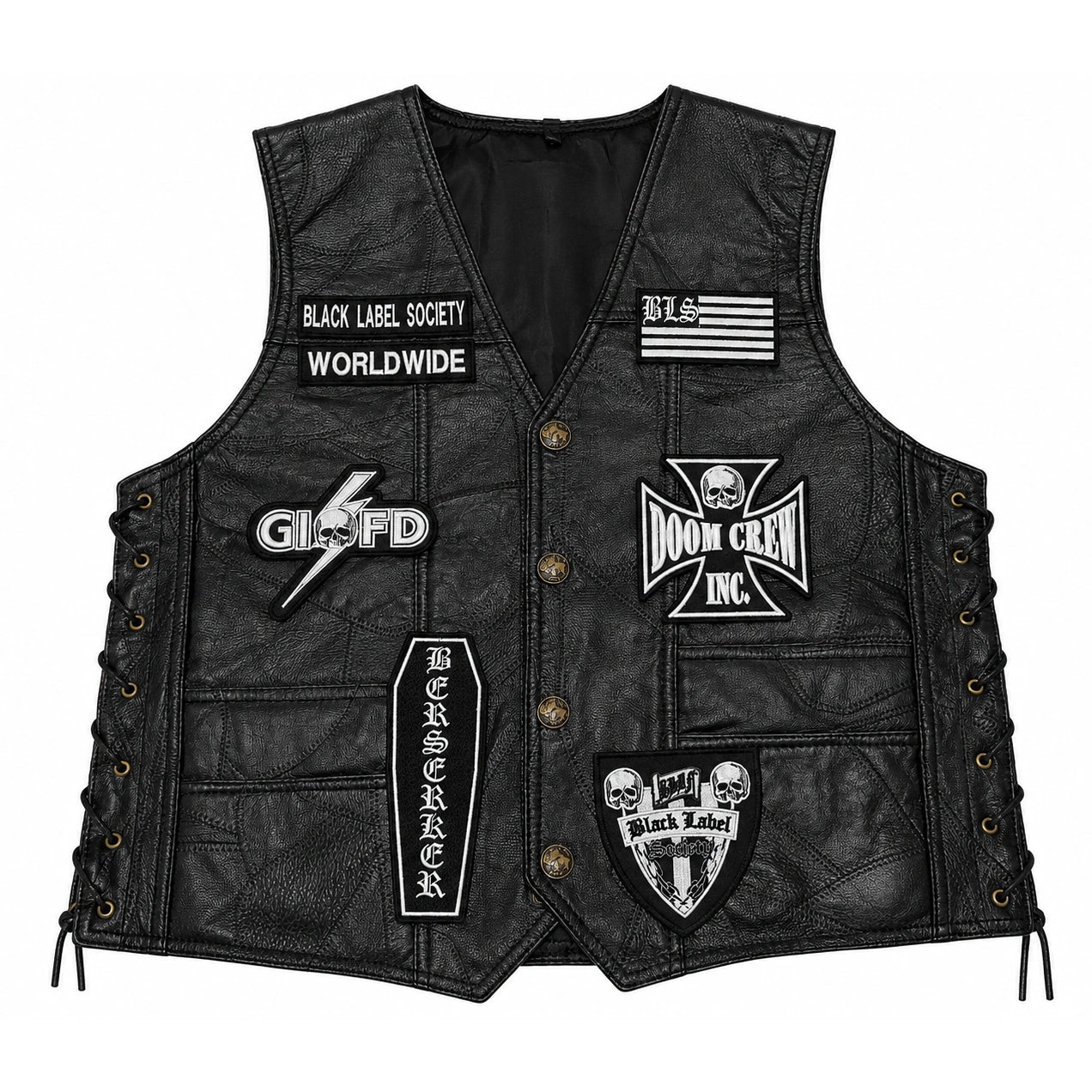 Chaleco de piel original más espaldera bordada BLACK LABEL Metal