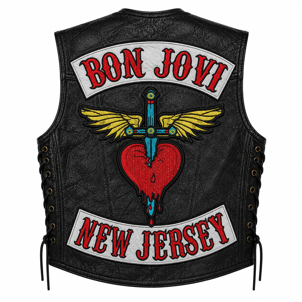 Chaleco de piel original más espaldera bordada BON JOVI