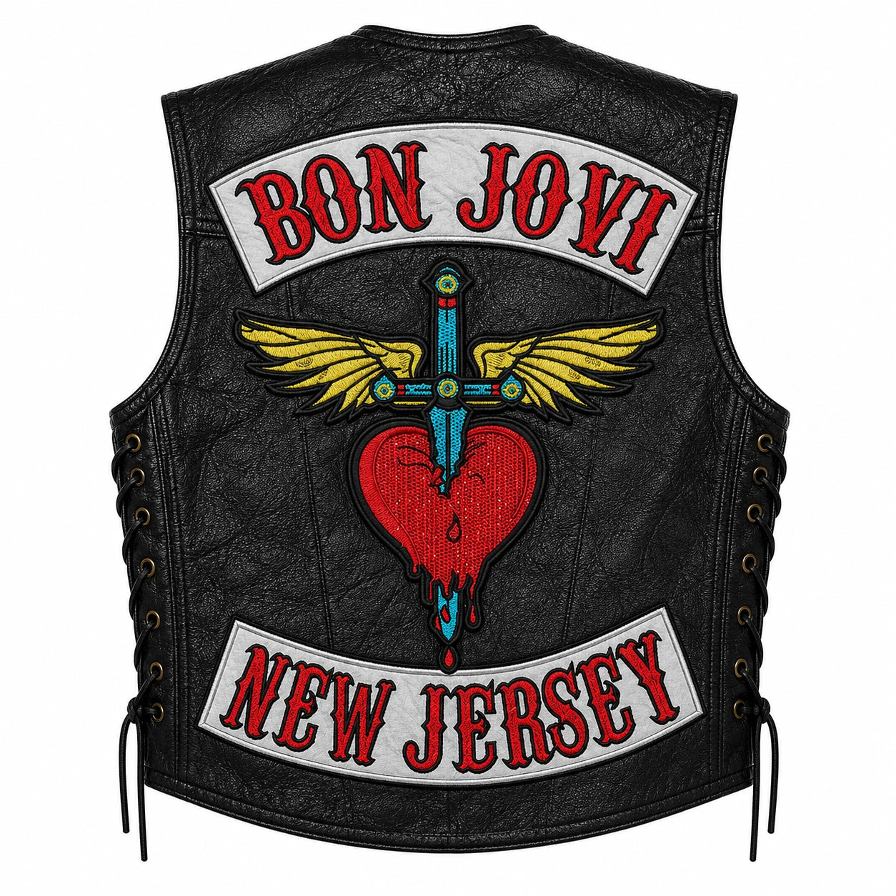 Chaleco de piel original más espaldera bordada BON JOVI