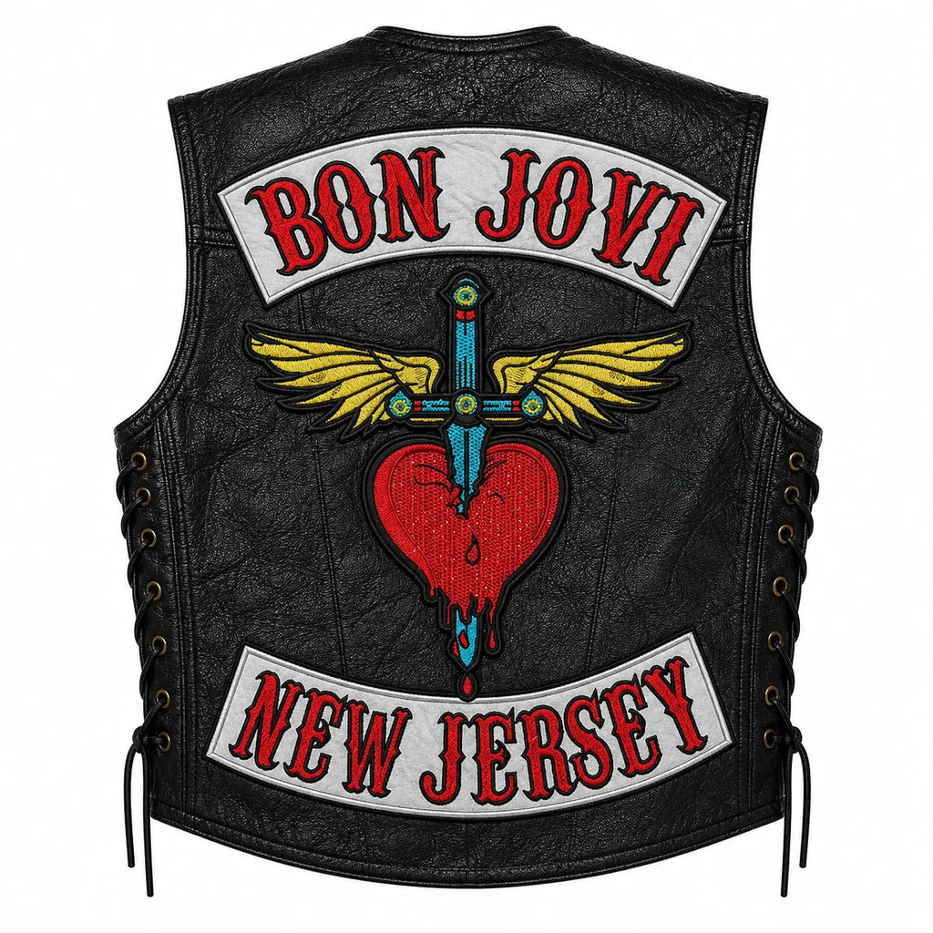 Chaleco de piel original más espaldera bordada BON JOVI Hard Rock