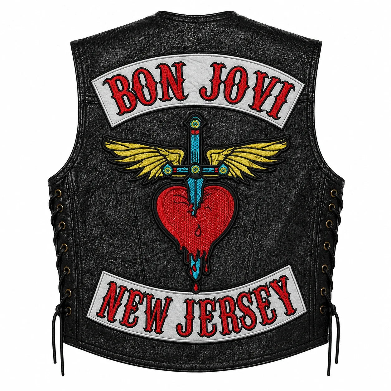 Chaleco de piel original más espaldera bordada BON JOVI Hard Rock