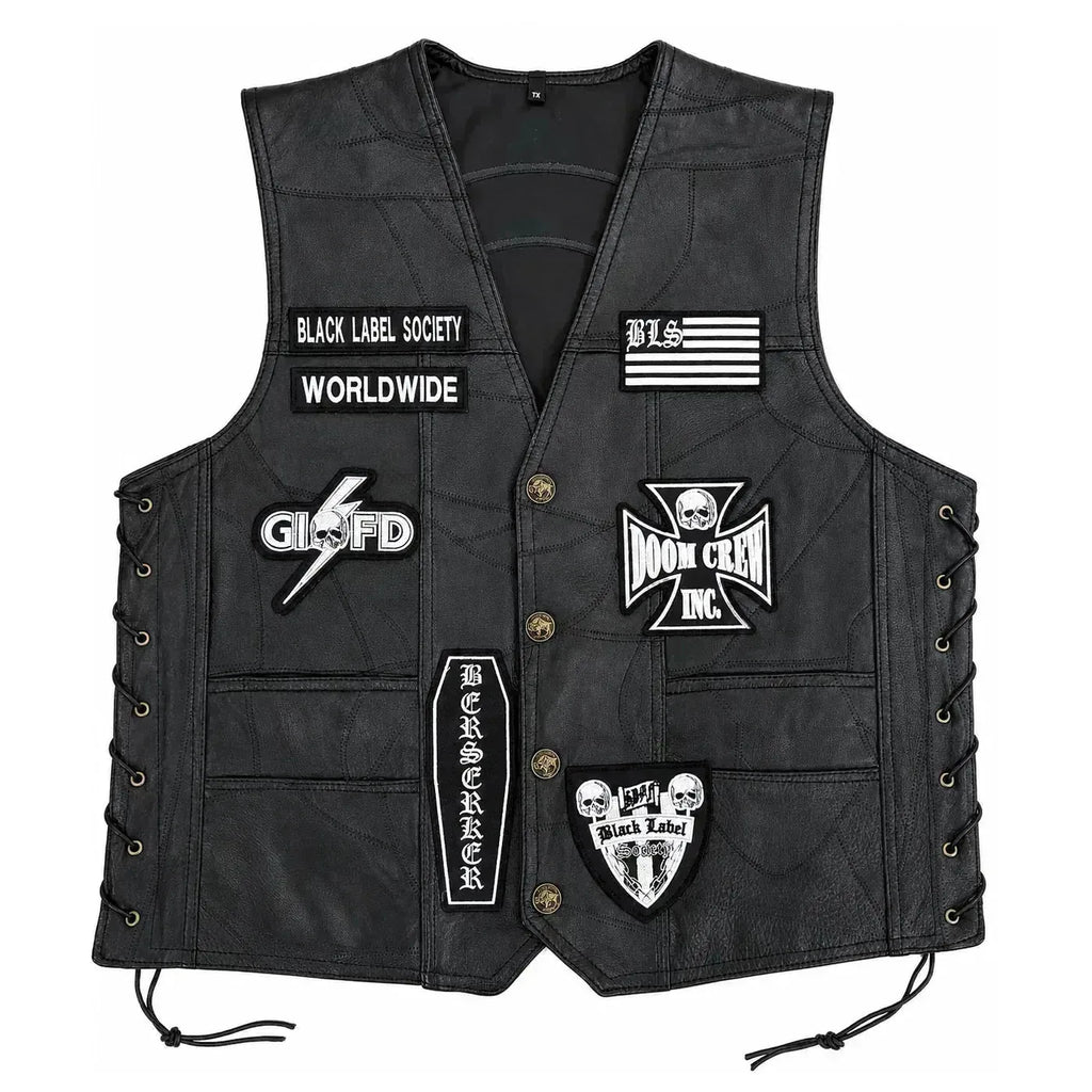 Chaleco de piel original más espaldera bordada BLACK LABEL Metal