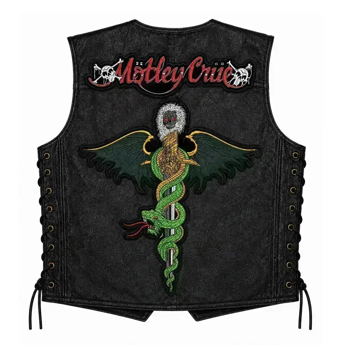 Chaleco de piel original más espaldera bordada MOTLEY CRUE Glam Metal