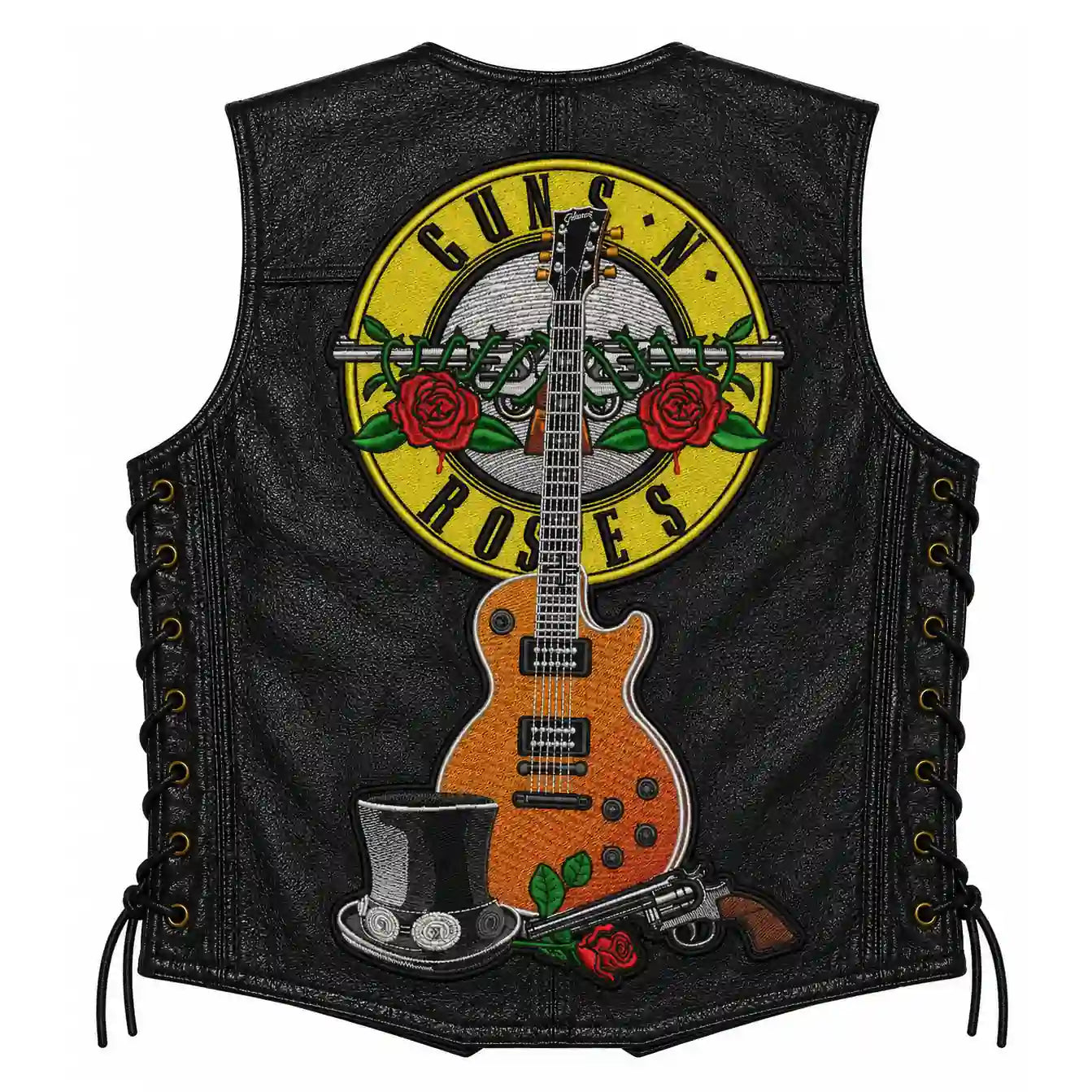Chaleco de piel original más espaldera bordada GUNS N ROSES Hard Rock