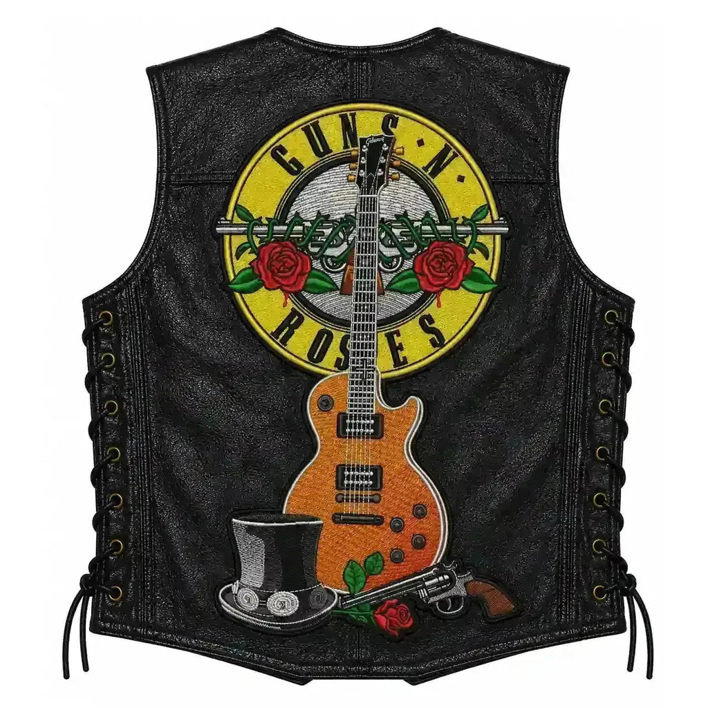 Chaleco de piel original más espaldera bordada GUNS N ROSES Hard Rock