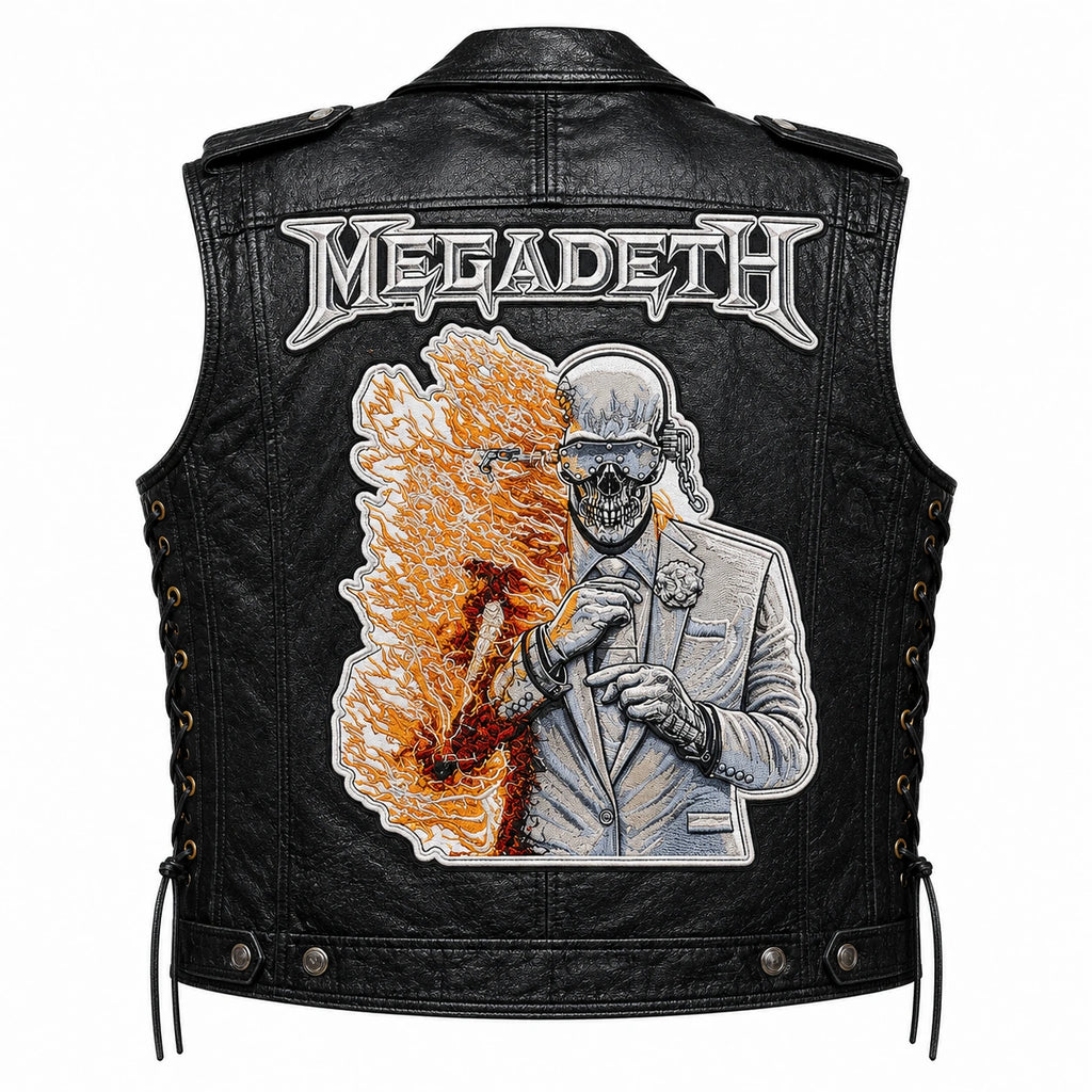 Chaleco de piel original más espaldera bordada MEGADETH