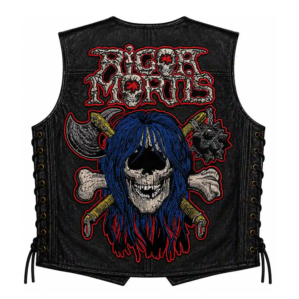 Chaleco de piel original más espaldera bordada RIGOR MORTIS Thrash Metal