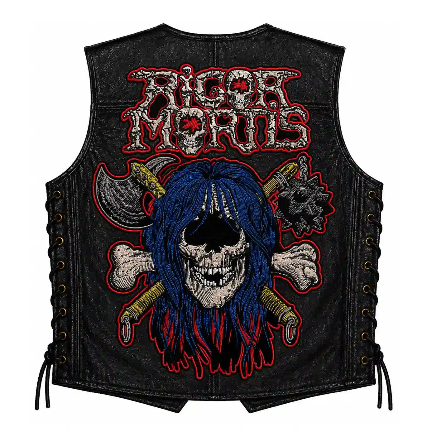 Chaleco de piel original más espaldera bordada RIGOR MORTIS Thrash Metal