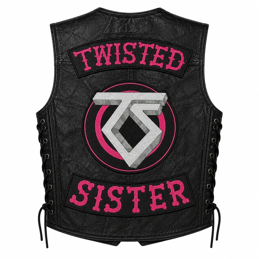 Chaleco de piel original más espaldera bordada TWISTED SISTER Rock