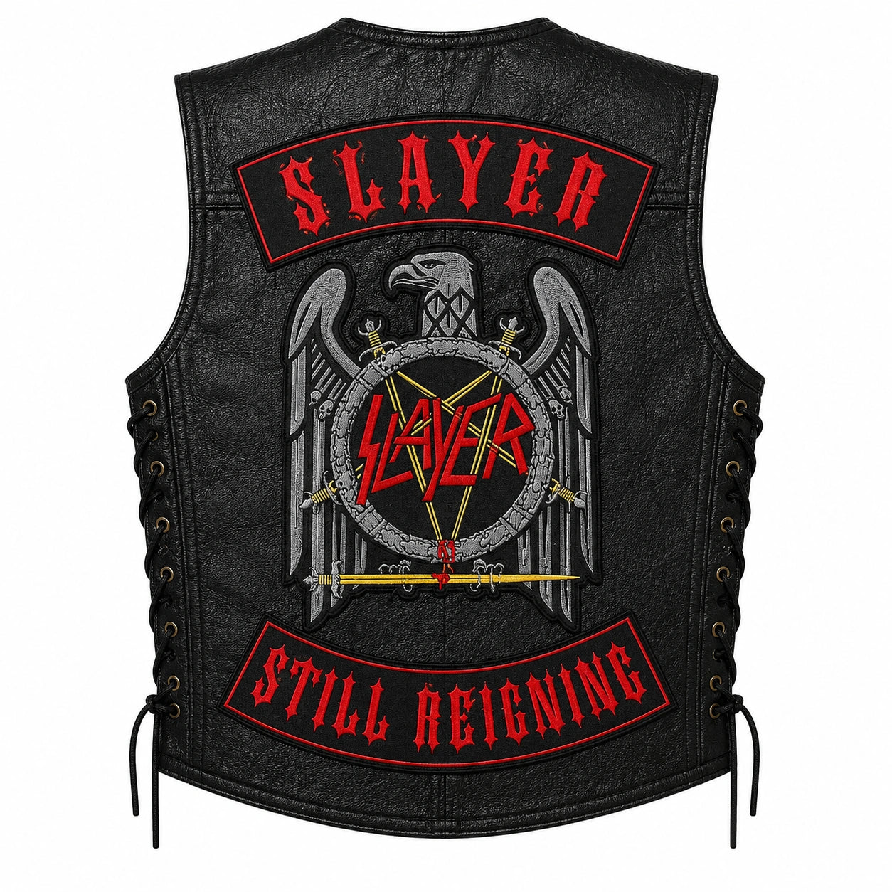 Chaleco de piel original más espaldera bordada SLAYER STILL REIGNING