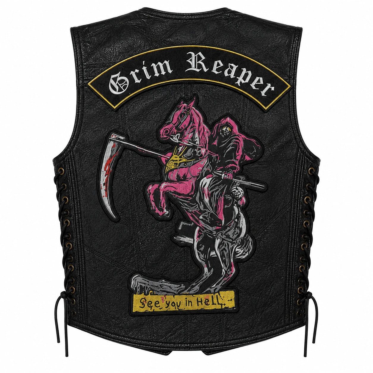 Chaleco de piel original más espaldera bordada GRIM REAPER
