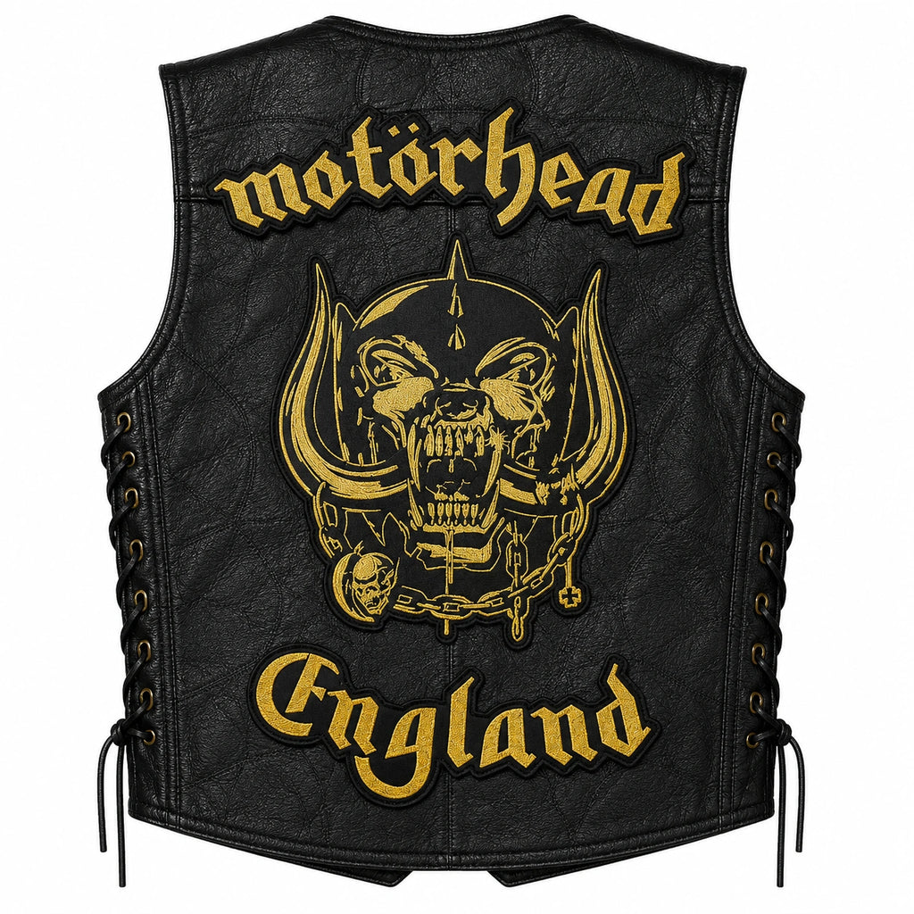 Chaleco de piel original más espaldera bordada MOTORHEAD D
