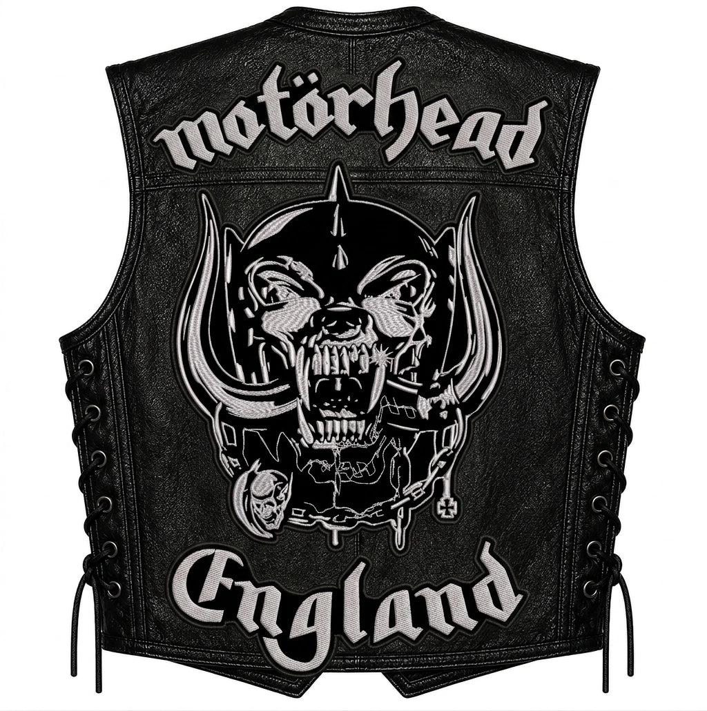 Chaleco de piel original más espaldera bordada MOTORHEAD P