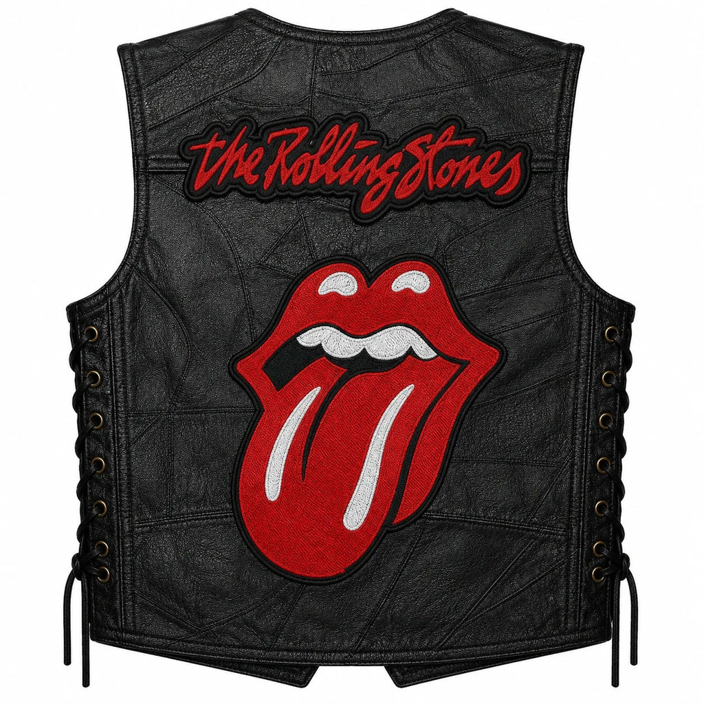 Chaleco de piel original más espaldera bordada THE ROLLING STONES Rock & Roll