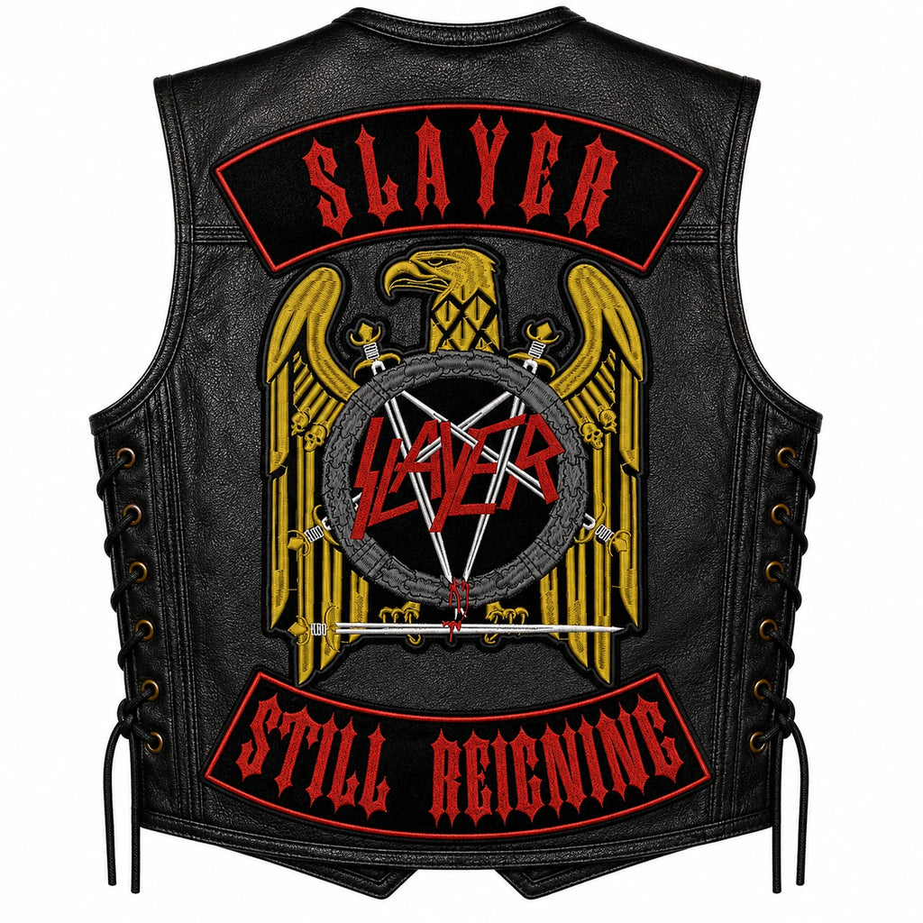 Chaleco de piel original más espaldera bordada SLAYER D STILL REIGNING