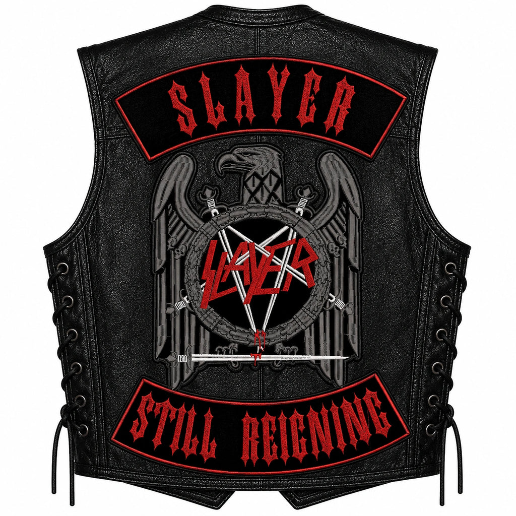 Chaleco de piel original más espaldera bordada SLAYER G STILL REIGNING