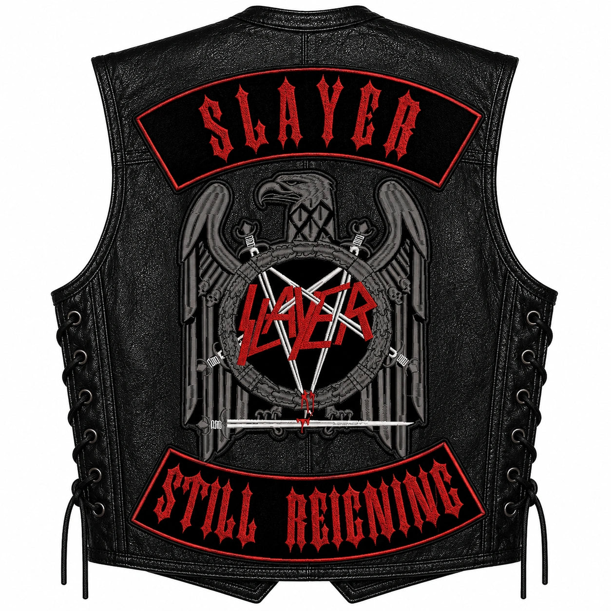 Chaleco de piel original más espaldera bordada SLAYER G STILL REIGNING